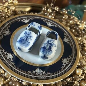 Vintage Miniature Delft Blue and White Ceramic Clogs